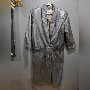 Vtg Oversized Double Breast Leather Black Trench Coat Double Button Sz M Unisex